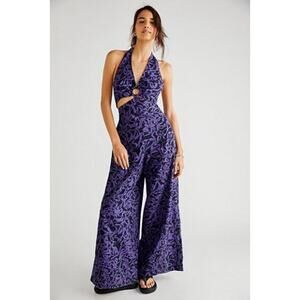 New Free People Kira Halter Boho Jumpsuit $148 X-SMALL Purple & Black Cutout